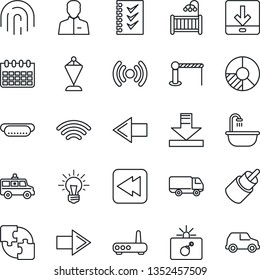 Thin Line Icon Set - barrier vector, bomb in case, right arrow, left, pennant, calendar, circle chart, ambulance car, delivery, rewind, rca, user, download, wireless, fingerprint id, application