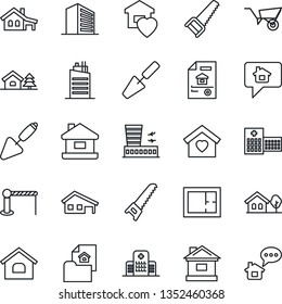 Thin Line Icon Set - barrier vector, airport building, office, trowel, wheelbarrow, saw, house, hospital, with garage, tree, plan, estate document, sweet home, city, message
