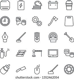 Thin Line Icon Set - barrier vector, mouse, job, bucket, hose, hoe, axe, garden sprayer, blood pressure, tomography, clock, tv, rca, hdmi, ink pen, paper tray, cutting board, knife, remote control
