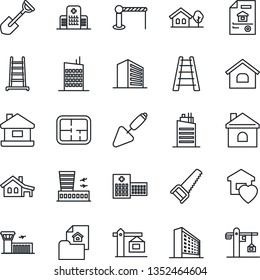 Thin Line Icon Set - barrier vector, airport building, office, trowel, shovel, ladder, saw, house, hospital, with garage, tree, plan, estate document, sweet home, city, crane