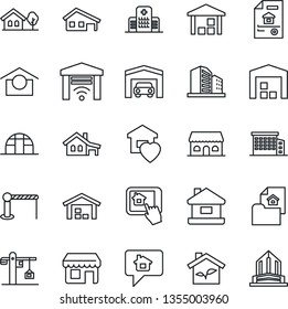 Thin Line Icon Set - barrier vector, greenhouse, hospital, warehouse storage, house, with garage, tree, estate document, office building, sweet home, crane, cafe, eco, control app, gate, message