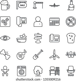 Thin Line Icon Set - barrier vector, baby, washer, plane, desk, shovel, tree, eye, broken bone, signpost, term, themes, user, cut, music, windmill, sale, cafe, beer, salad, bread, intercome, group