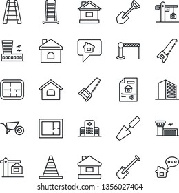 Thin Line Icon Set - barrier vector, border cone, airport building, office, trowel, shovel, ladder, wheelbarrow, saw, house, hospital, plan, estate document, crane, home message