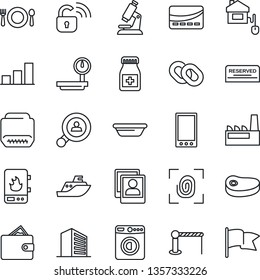 Thin Line Icon Set - barrier vector, washer, office building, microscope, pills bottle, sea shipping, heavy scales, chain, hdmi, mobile, photo gallery, bar graph, client search, factory, cafe, steak