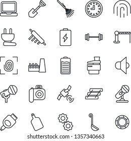 Thin Line Icon Set - barrier vector, shovel, rake, barbell, clock, camera, microphone, satellite, speaker, laptop pc, battery, hdmi, fingerprint id, paper tray, copier, factory, ladle, rolling pin