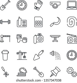 Thin Line Icon Set - barrier vector, job, trowel, shovel, watering, glove, hose, sickle, ripper, blood pressure, barbell, clock, camera, radio, laptop pc, phone, paper pin, sim, table, crane, web