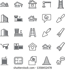 Thin Line Icon Set - barrier vector, border cone, airport building, office, trowel, ladder, wheelbarrow, saw, house, hospital, with garage, tree, plan, estate document, sweet home, city, message