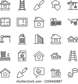 Thin Line Icon Set - barrier vector, airport building, office, trowel, ladder, wheelbarrow, house, hospital, with garage, tree, plan, estate document, sweet home, city, crane, message