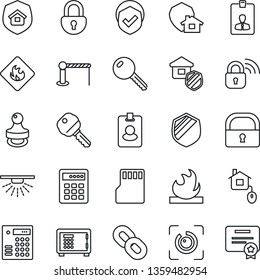 Thin Line Icon Set - barrier vector, safe, identity card, shield, flammable, chain, sd, lock, eye id, stamp, key, estate insurance, home control, wireless, protect, combination, pass, sprinkler