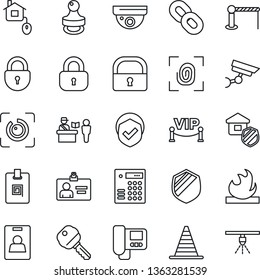 Thin Line Icon Set - barrier vector, passport control, border cone, lock, identity card, shield, flammable, chain, eye id, stamp, key, estate insurance, vip zone, home, fingerprint, intercome