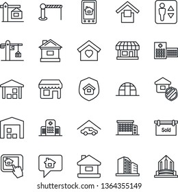 Thin Line Icon Set - barrier vector, elevator, house, greenhouse, hospital, store, warehouse storage, garage, sold signboard, office building, sweet home, crane, estate insurance, control app