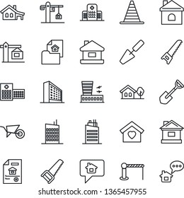 Thin Line Icon Set - barrier vector, border cone, airport building, office, trowel, shovel, wheelbarrow, saw, house, hospital, with garage, tree, estate document, sweet home, city, crane, message