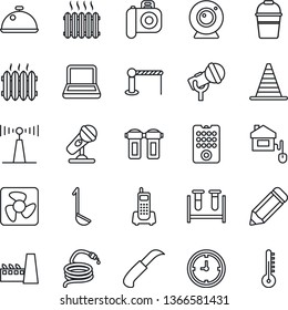 Thin Line Icon Set - barrier vector, border cone, pencil, bucket, hose, garden knife, blood test vial, office phone, clock, camera, microphone, antenna, notebook pc, heater, factory, dish, ladle