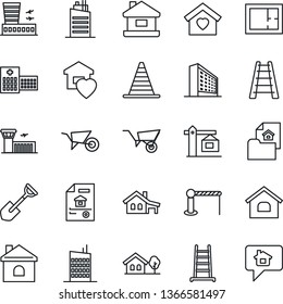 Thin Line Icon Set - barrier vector, border cone, airport building, office, shovel, ladder, wheelbarrow, house, hospital, with garage, tree, plan, estate document, sweet home, city, crane, message