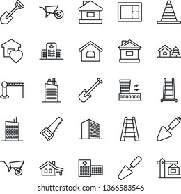 Thin Line Icon Set - barrier vector, border cone, airport building, office, trowel, shovel, ladder, wheelbarrow, saw, house, hospital, with garage, tree, plan, sweet home, city, crane