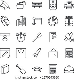 Thin Line Icon Set - barrier vector, alarm clock, book, calculator, graduate, job, farm fork, saw, bench, picnic table, scales, satellite, flame disk, speaker, notes, office building, pie graph