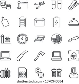 Thin Line Icon Set - barrier vector, radar, pruner, garden knife, axe, blood pressure, test vial, clock, laptop pc, battery, sim, paper tray, notebook, stapler, heater, crane, dish, cutting board