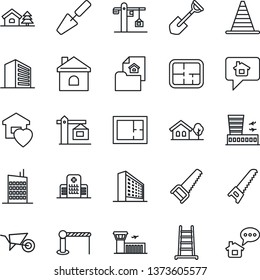 Thin Line Icon Set - barrier vector, border cone, airport building, office, trowel, shovel, ladder, wheelbarrow, saw, house, hospital, with tree, plan, estate document, sweet home, city, crane