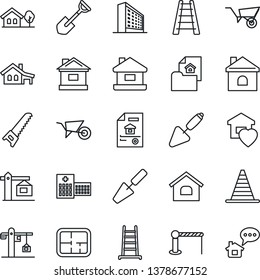 Thin Line Icon Set - barrier vector, border cone, office building, trowel, shovel, ladder, wheelbarrow, saw, house, hospital, with garage, tree, plan, estate document, sweet home, crane, message