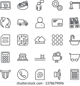 Thin Line Icon Set - barrier vector, phone, speaking man, pennant, office binder, notebook pc, document, car delivery, route, speaker, video camera, mail, menu, update, user, search, calculator