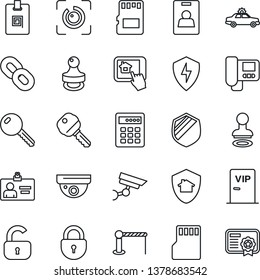 Thin Line Icon Set - barrier vector, alarm car, stamp, lock, identity card, shield, chain, protect, sd, eye id, key, vip zone, intercome, home control app, combination, surveillance, certificate