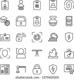 Thin Line Icon Set - barrier vector, bomb in case, identity, stamp, card, hose, flammable, protect, lock, face id, eye, estate insurance, wireless, home control app, combination, pass, sprinkler