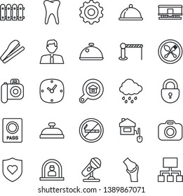 Thin Line Icon Set - barrier vector, spoon and fork, no smoking, reception, passport, lock, gear, rain, heart shield, tooth, joint, railroad, camera, microphone, clock, stapler, fence, estate search