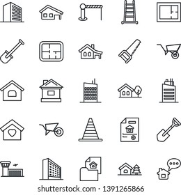 Thin Line Icon Set - barrier vector, border cone, airport building, office, shovel, ladder, wheelbarrow, saw, house, with garage, tree, plan, estate document, sweet home, city, message