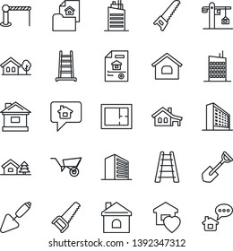 Thin Line Icon Set - barrier vector, office building, trowel, shovel, ladder, wheelbarrow, saw, house, with garage, tree, plan, estate document, sweet home, city, crane, message