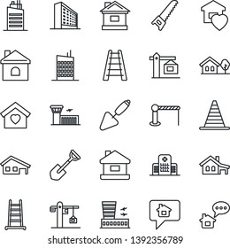 Thin Line Icon Set - barrier vector, border cone, airport building, office, trowel, shovel, ladder, saw, house, hospital, with garage, tree, sweet home, city, crane, message