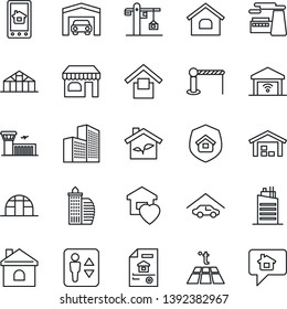 Thin Line Icon Set - barrier vector, elevator, shop, airport building, factory, house, greenhouse, warehouse storage, office, garage, estate document, sweet home, city, crane, insurance, eco, gate