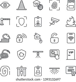 Thin Line Icon Set - barrier vector, security gate, border cone, identity card, hose, flammable, sd, face id, eye, lock, estate insurance, vip zone, home control, fingerprint, wireless, app, protect