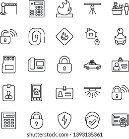 Thin Line Icon Set - barrier vector, passport control, alarm car, identity, lock, card, shield, flammable, protect, sd, stamp, home, wireless, intercome, app, combination, sprinkler, fingerprint