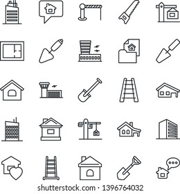 Thin Line Icon Set - barrier vector, airport building, office, trowel, shovel, ladder, saw, house, with garage, plan, estate document, sweet home, city, crane, message