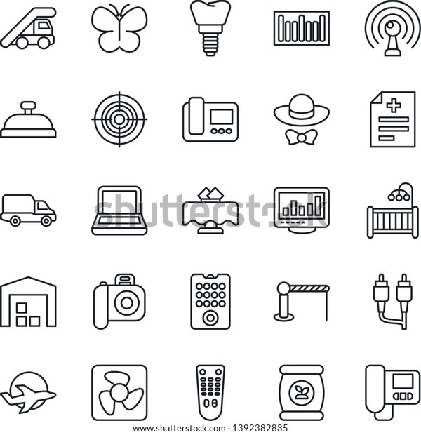 Thin Line Icon Set - barrier vector, ladder car,
butterfly, fertilizer, diagnosis, implant, plane, delivery,
barcode, camera, antenna, remote control, rca, monitor statistics,
target, notebook pc