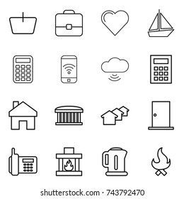 thin line icon set : basket, portfolio, heart, boat, calculator, phone wireless, cloud, home, airport building, houses, door, fireplace, kettle, fire