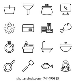 thin line icon set : basket, funnel, purse, monitor arrow, round around, credit card, store, chicken leg, stopwatch, reception, bath, cauldron, pan, meat hammer, fish, cleaner