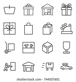 thin line icon set : basket, gift, warehouse, shopping bag, cashbox, cargo stoller, tools, 3d, fragile, courier delivery, fast deliver, car baggage