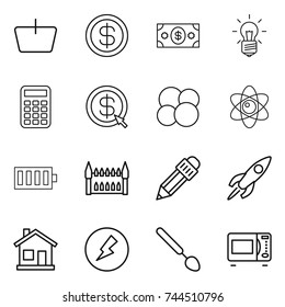 thin line icon set : basket, dollar, money, bulb, calculator, arrow, atom core, battery, gothic architecture, pencil, rocket, home, electricity, big spoon, microwave oven