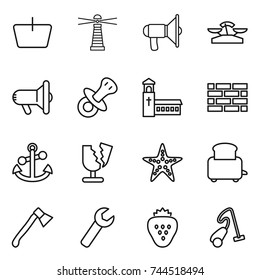 thin line icon set : basket, lighthouse, loudspeaker, scales, megafon, nipple, church, brick wall, anchor, broken, starfish, toaster, axe, wrench, strawberry, vacuum cleaner