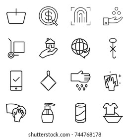 thin line icon set : basket, dollar arrow, fingerprint, chemical industry, cargo stoller, real estate, delivery, do not hook sign, mobile checking, rag, sow, wiping, liquid soap, cleanser powder