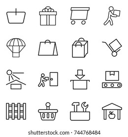 thin line icon set : basket, gift, delivery, courier, parachute, shopping bag, trolley, sun potection, package, transporter tape, pallet, repair tools, warehouse