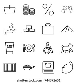 thin line icon set : basket, coin stack, percent, group, chemical industry, block wall, suitcase, tent, uv cream, cafe, invalid, dog, window, pan, cooking book, lemon