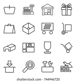 thin line icon set : basket, cashbox, warehouse, gift, shopping bag, box, delivery, cargo stoller, consolidated, fragile, trolley, package, search, repair tools, construct garbage