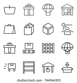 thin line icon set : basket, gift, parachute, warehouse, shopping bag, 3d, sun potection, hi quality package, transporter tape, pallet, delivery, fast deliver, rack