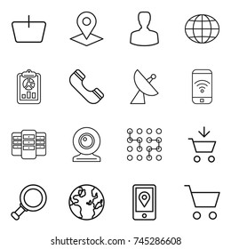 thin line icon set : basket, pointer, man, globe, report, phone, satellite antenna, wireless, server, web cam, chip, add to cart, magnifier, mobile location