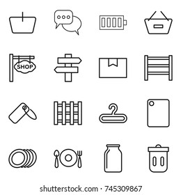 thin line icon set : basket, discussion, battery, remove from, shop signboard, singlepost, package box, rack, label, pallet, hanger, cutting board, plates, fork spoon plate, bank, trash bin