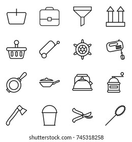 thin line icon set : basket, portfolio, funnel, cargo top sign, suitcase, handwheel, mixer, pan, kettle, hand mill, axe, bucket, pruner, duster