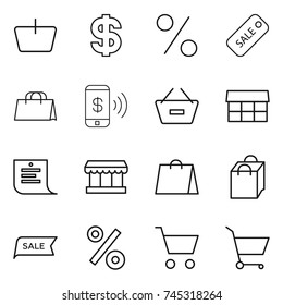 thin line icon set : basket, dollar, percent, sale, shopping bag, phone pay, remove from, market, list, cart