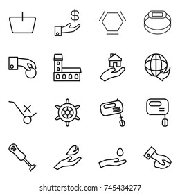 thin line icon set : basket, investment, hex molecule, smart bracelet, hand coin, mansion, real estate, delivery, do not trolley sign, handwheel, mixer, blender, leaf, and drop, wiping